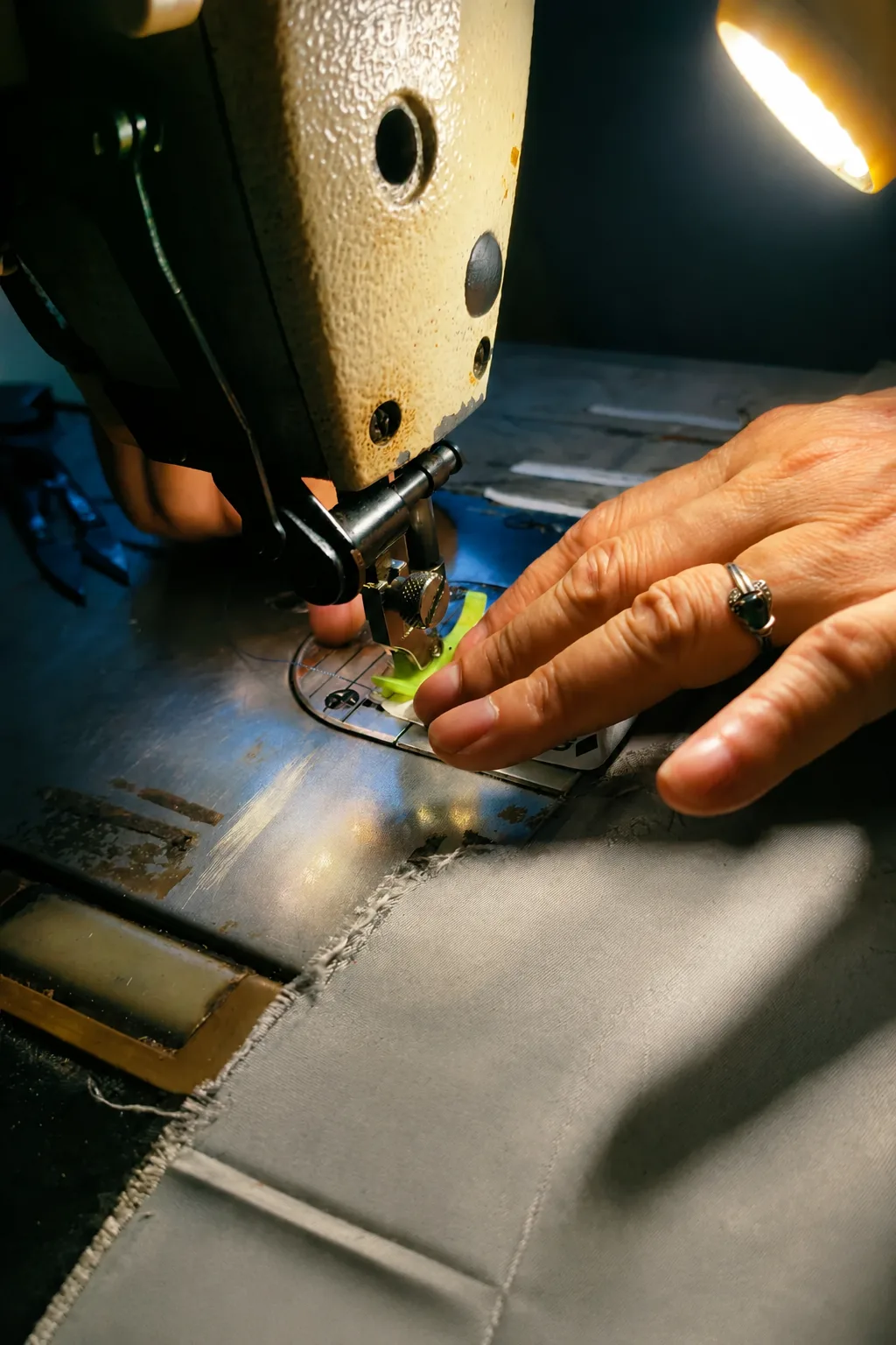 A worker stitching wallet panels