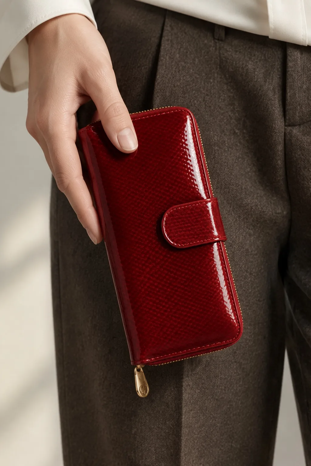 Crimson Strap Wallet held in the hand